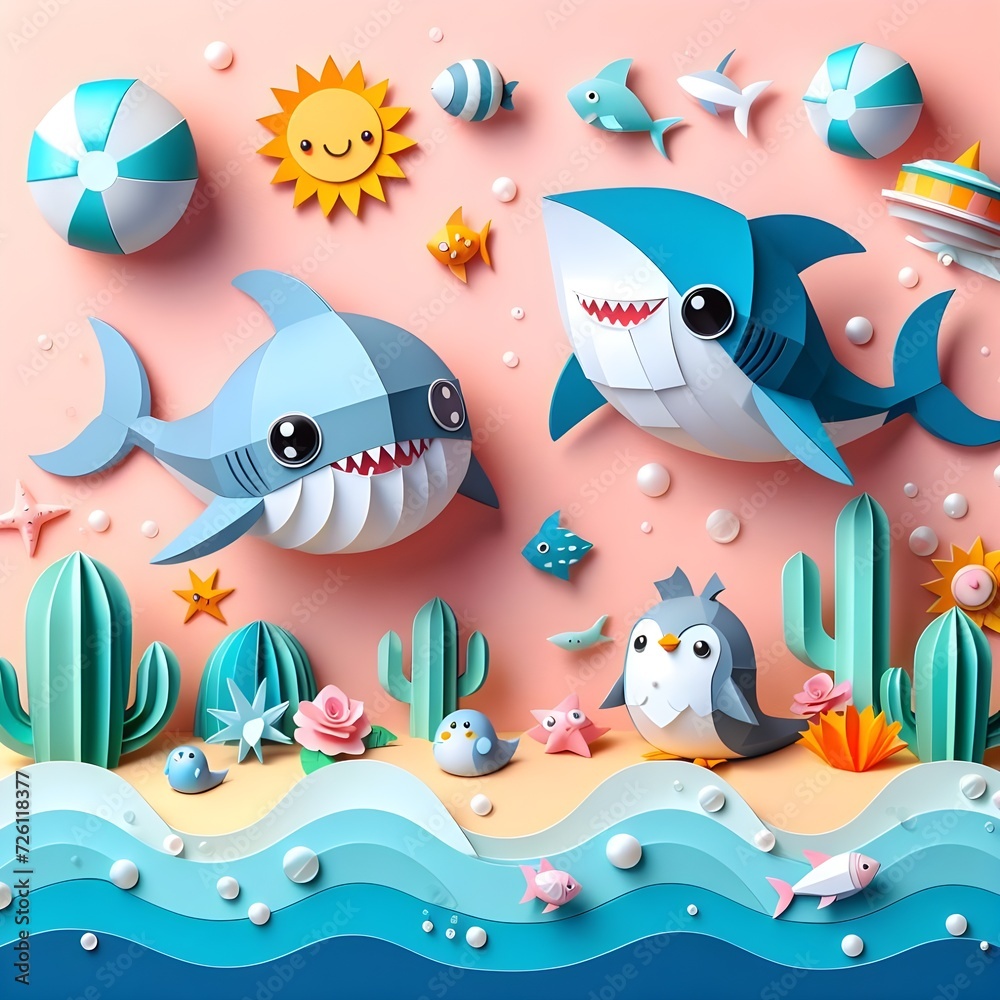Obraz premium The cute and lovely sharks paper art, craft, surrealism, 3D digital art, simple background. Generative AI.