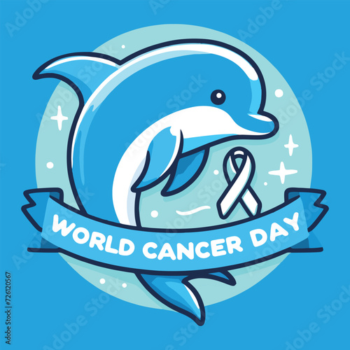 World Cancer Day banner with dolphin and ribbon on blue background. Vector illustration.
