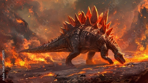 A stegosaurus uses its plated back as a shield against the scorching lava flows navigating the treacherous landscape with ease.