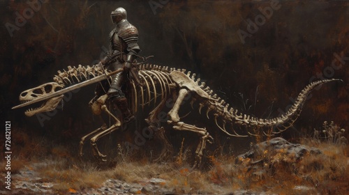 A dark and eerie oil painting of a medieval knight gallantly riding a skeletal dinosaur reflecting the misinterpretation of dinosaur fossils as dragons in medieval times.
