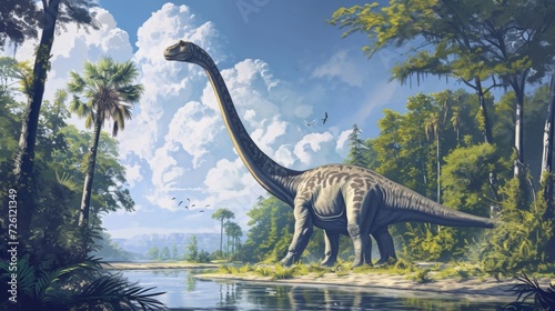 A gentle brachiosaurus browsing on the abundant plants along the riverbank reaching its long neck up to nibble at the treetops. © Justlight