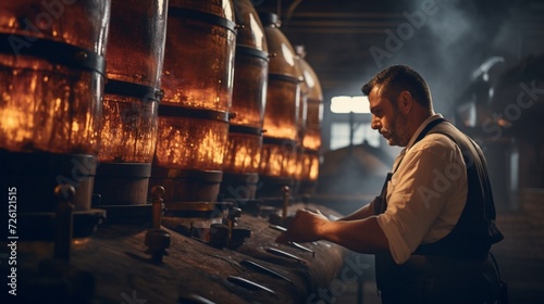 A worker in a distillery checking the quality of spirits in a large aging barrel