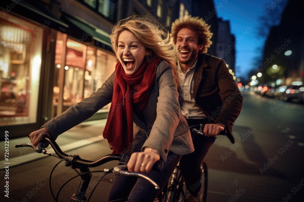 A man and woman riding bicycles on a city street. Generative AI. A man and woman riding bicycles on a city street. Generative AI.