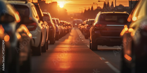 Cars are lined up on a city street at sunset. Generative AI.