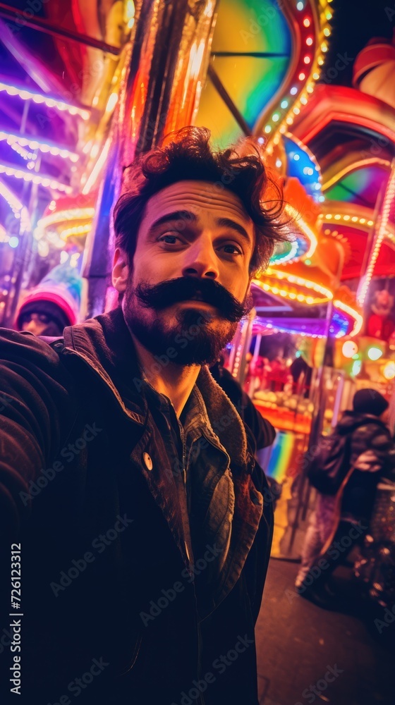 A man with a mustache and a carnival ride. Generative AI.