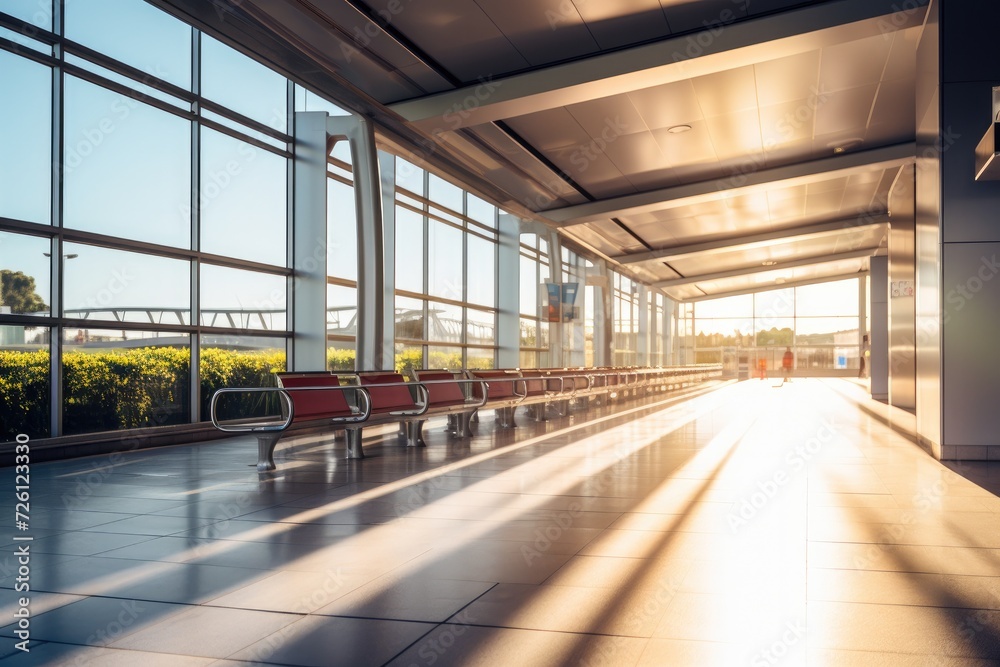 Empty airport terminal with sun shining through the windows. Generative AI. Empty airport terminal with sun shining through the windows. Generative AI.