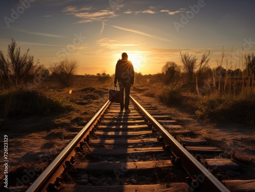 A man standing on a railroad track with a suitcase. Generative AI.