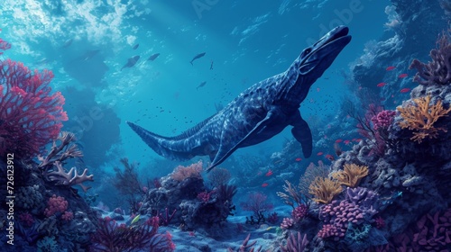 Fotografia A sea of prehistoric life surrounding a solitary mosasaur its watchful eye surveying the bustling reef as it takes a moment to rest on a large coral head