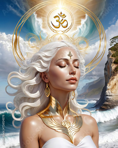Divine Meditation - Surreal 8k high-resolution illustration of a woman's face, Om symbol, and spiritual awakening on a cliffside with crashing waves Gen AI photo