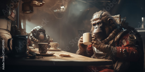 Space apes are drinking coffee on Mars. Generative AI. photo
