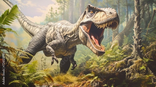 An immersive exhibit utilizes tingedge technology to project a lifelike Allosaurus onto a wall allowing visitors to see and hear the dinosaur as if it were alive.