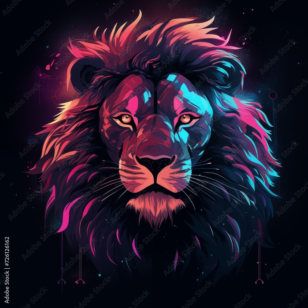 Lion Head in Retrowave Isolated on Dark Blue Background. Generative AI