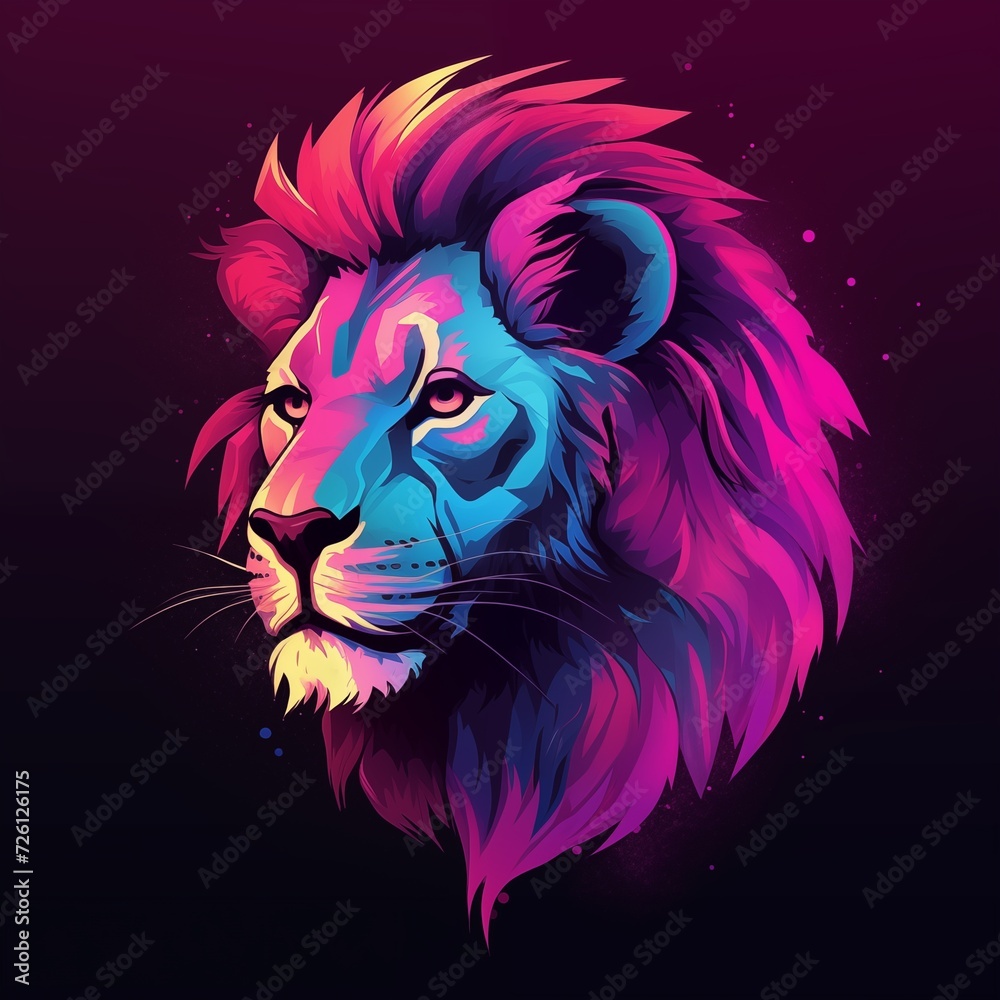 Side View of Lion Head in Synthwave Style Isolated on Dark Background. Generative AI