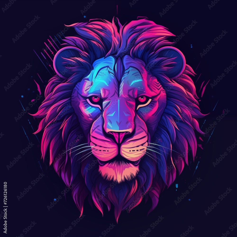 Obraz premium Lion Head in Synthwave Isolated on Dark Blue Background. Generative AI