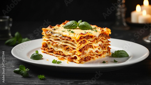 A cheese lasagna, perfectly portioned on a pristine white plate, set against the dark allure of a black wooden table