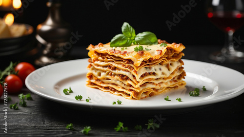 A cheese lasagna, perfectly portioned on a pristine white plate, set against the dark allure of a black wooden table