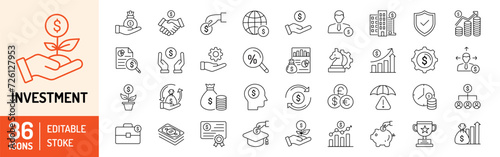 Investment editable stroke outline icons set. Investor, mutual fund, portfolio, performance, economy, risk management, bond, reliability, money and cash flow. Vector illustration