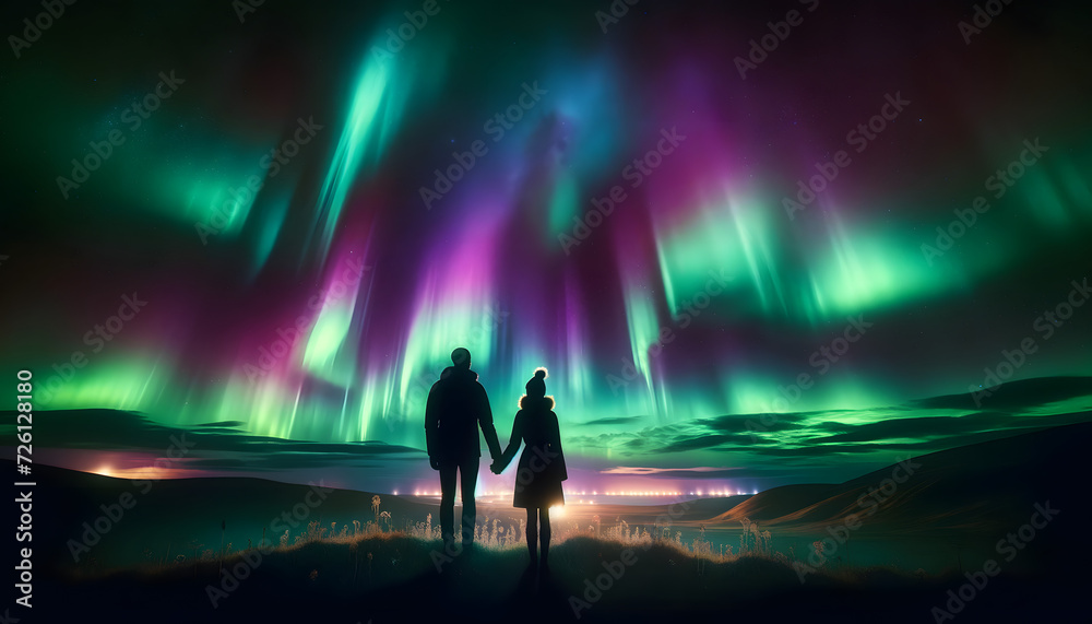 Naklejka premium a romantic scene featuring two people, a couple, standing hand in hand, gazing at the beautiful Northern Lights in the night sky