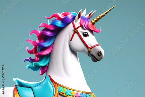 3D illustration of a happy unicorn on a rocking horse, with a very colorful mane. Concept of happiness, recklessness. 3D render character cartoon style Isolated photo