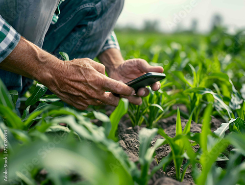 Male farmer working in a corn field uses a smartphone to check plant records in an electronic crop database. An agronomist checks plants for parasites.