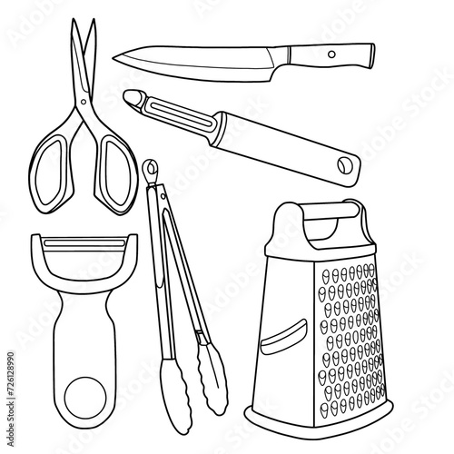 Kitchen utensils, tools, equipment for cooking. Kitchenware set. Chef knife, grater, peeler, tong, kitchen scissors, whisk. Flat vector illustrations of cookware kitchen utensils objects.