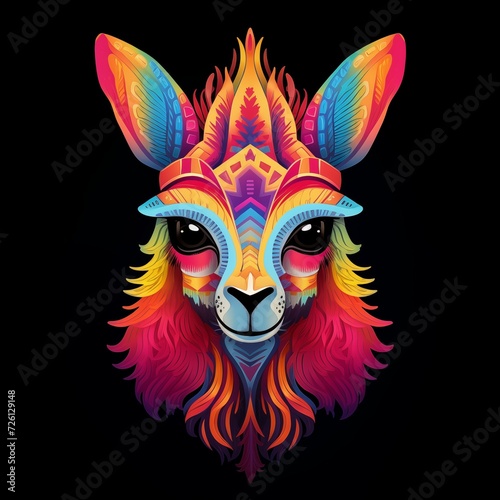 Symmetrical Colorful Lama Head Design for T-shirt Isolated on Black Background. Generative AI