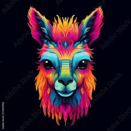 Colorful Art of Lama Head for T-shirt Isolated on Black Background. Generative AI