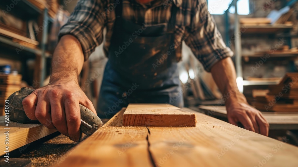 man owner a small furniture business is preparing wood for production. carpenter male is adjust wood to the desired size. architect, designer, Built-in, professional wood, craftsman, workshop.. man owner a small furniture business is preparing wood for production. carpenter male is adjust wood to the desired size. architect, designer, Built-in, professional wood, craftsman, workshop..