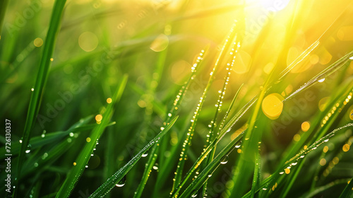 Dewy Grass and Sunlight in Morning Nature