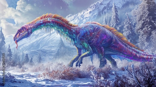 A graceful longnecked dinosaur delicately grazes on frozen vegetation its colorful feathers ruffling in the cold breeze as it peacefully coexists with other arctic wildlife. photo