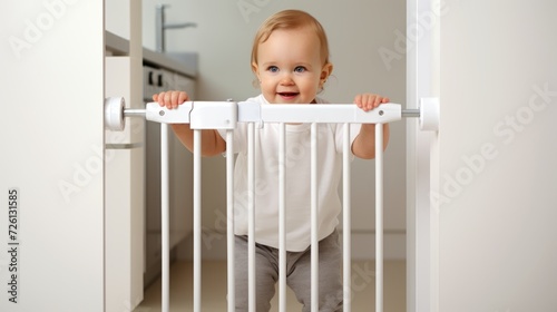 Toddler in Onesie next to the closed safety gate during home staying home