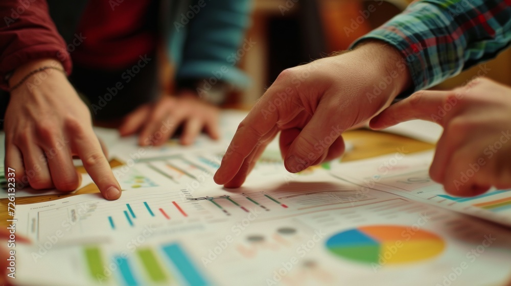 a close up of people's hands pointing a piece of paper at that has diagrams and pie charts on it