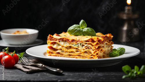  A cheese lasagna taking center stage on a clean white plate, situated on a glossy black wooden table and the mood and atmosphere created by this striking contrast