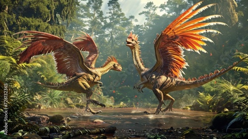 A pair of feathered dinosaurs engaged in a courtship display complete with wing flapping and elaborate vocalizations.