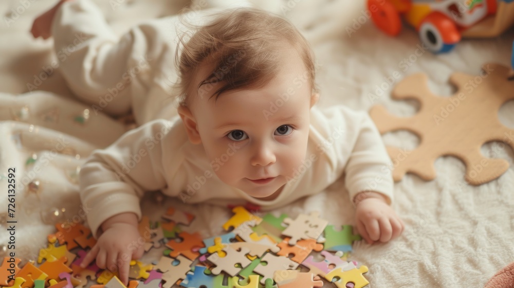 Blond baby playing with puzzle pieces while laying down on a carpet in the living room Blond baby playing with puzzle pieces while laying down on a carpet in the living room
