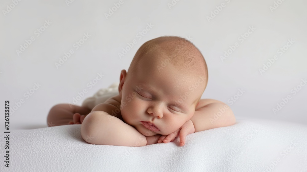 High-Angle View Of Baby Boy Sleeping On Side Lying In Bed Indoors. Cute Toddler Child Resting Napping During Daytime Sleep At Home Concept. Side View Shot. 