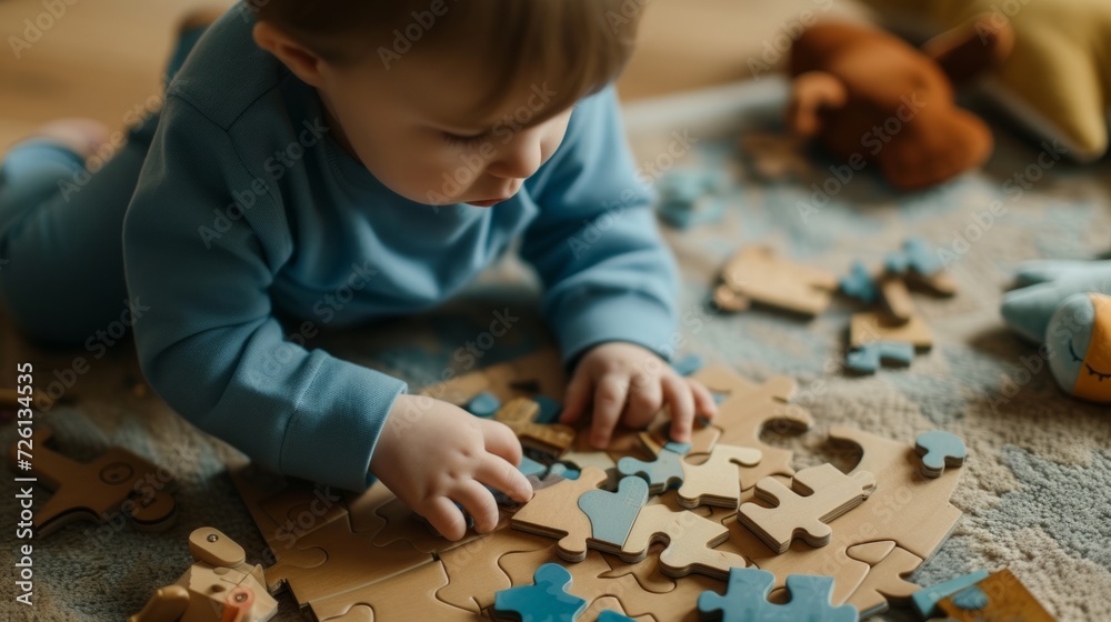 Blond baby playing with puzzle pieces while laying down on a carpet in the living room, top view