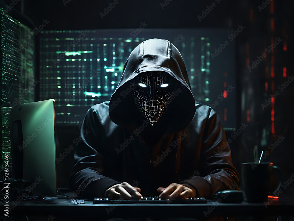 Anonymous hacker in hood with no face on black background Anonymous hacker in hood with no face on black background