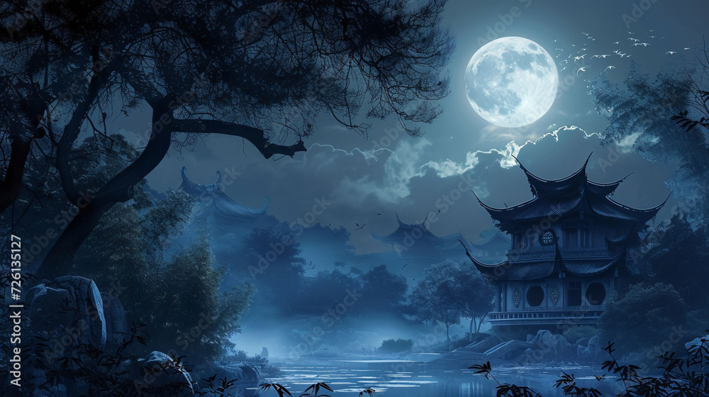 Moonlit Pagoda in a Misty Blue Forest Illustration