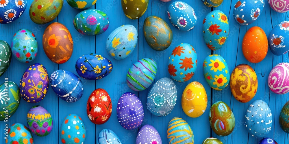 Artistic arrangement of Easter eggs, each delicately painted, set against a soft blue background pattern. Artistic arrangement of Easter eggs, each delicately painted, set against a soft blue background pattern.