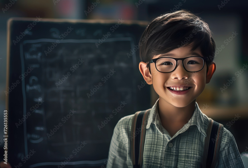 portrait of a school kid in uniform in front of blackboard portrait of a school kid in uniform in front of blackboard