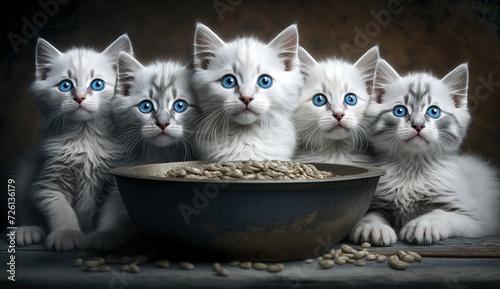 Adorable Kittens with Mesmerizing Blue Eyes Gathered Around a Food Bowl. A group of charming cats attentively focuses on camera. Panorama with copy space