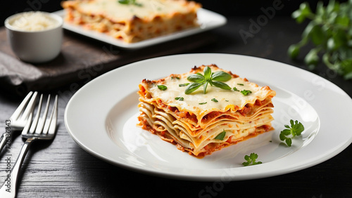 Visual appeal of a cheese lasagna served on a pristine white plate, placed elegantly against the contrast of a sleek black wooden table