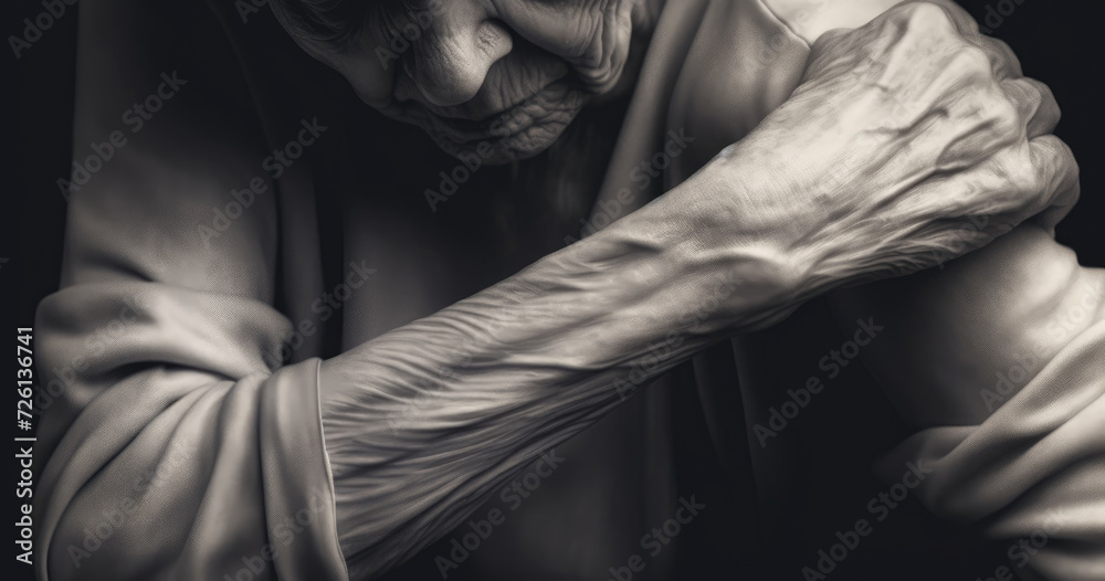 stylized black and white close-up artistic photo of a wrinkled old lady in chronic pain holding arm or shoulder stylized black and white close-up artistic photo of a wrinkled old lady in chronic pain holding arm or shoulder