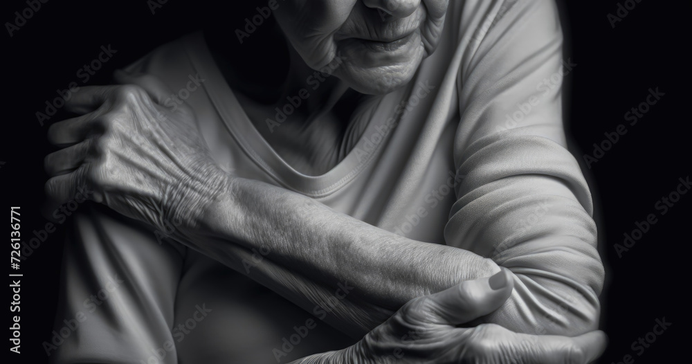 Obraz premium stylized black and white close-up artistic photo of a wrinkled old lady in chronic pain holding arm or shoulder