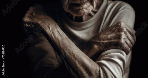 stylized sepia close-up artistic photo of a wrinkled old lady in chronic pain holding arm or shoulder © LVZM