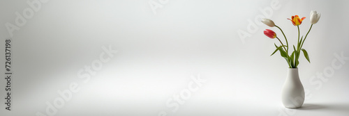 Minimalistic image of a white vase with a bouquet of fresh tulips against a light grey background with a place for text, potentially symbolizing spring or Mother's Day