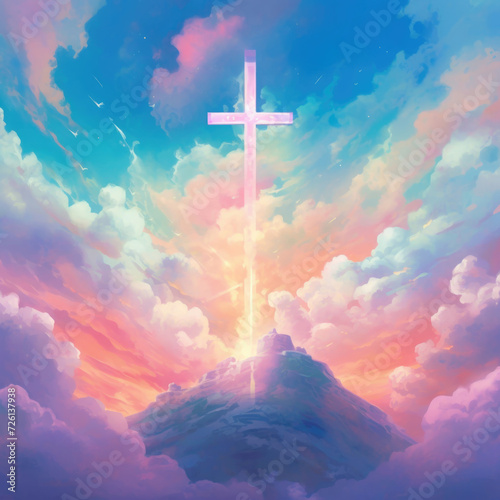 illustration of christian cross in a colorful sky