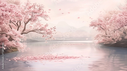 Spring Cherry Blossoms by a Serene River Landscape