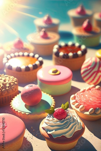 cupcakes and pastries with icing and sprinkles on table